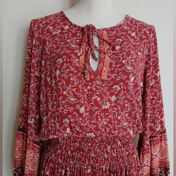 American Eagle Red and Orange Long Sleeve Floral Boho Mini Dress - Picture 2 of 12